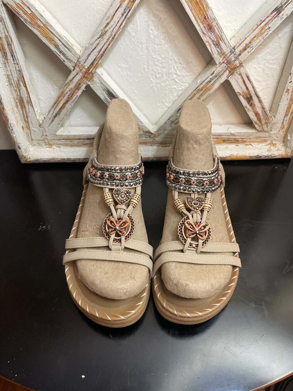 Size 8Aomigoct Women's Bohemian Beaded Flat Sandals with Butterfly & Heart Charm